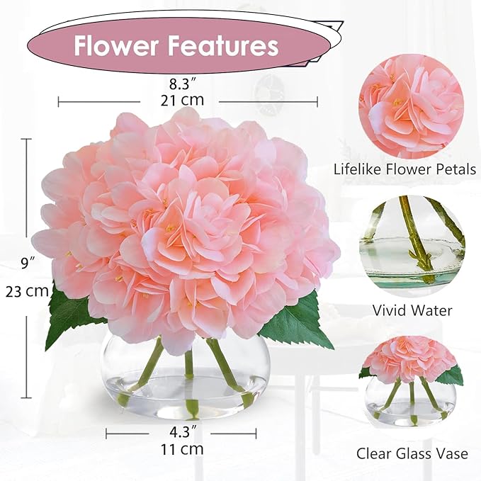 Hydrangea Artificial Flowers in Vase, White Silk Fake Flowers Silk Centerpiece Table Decorations for Dining Room， Coffee Table Decor，Wedding, Home with Faux Water Decor (New Pink)