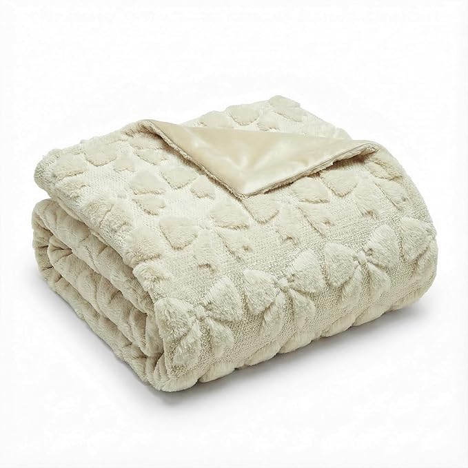 Horaldaily Valentine Bow Blanket Throw, Beige Bow Soft Fuzzy Plush Faux Fur Cozy Blankets for Couch Sofa Bed Lounging, Ideal Gifts for Kids Adults Wife Self, 50x60