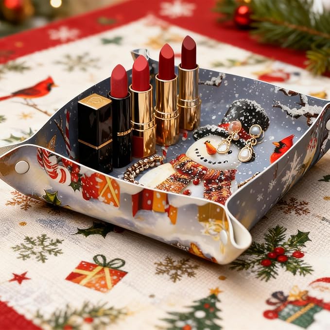 Tray Leather Valet Tray Winter Snowman Cardinal Catchall Trays Key Organizer Night Stand Organizer Bedside Vanity Trays Decor for Entryway Table