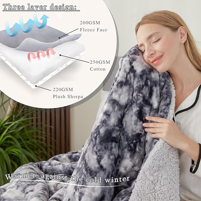 CHOSHOME Sherpa Fleece Blanket- Thick Warm Blanket for Winter, Soft Fuzzy Plush Blanket for Bed, Couch, Travel (Tie Dye Grey, Oversized King 96" x 120")