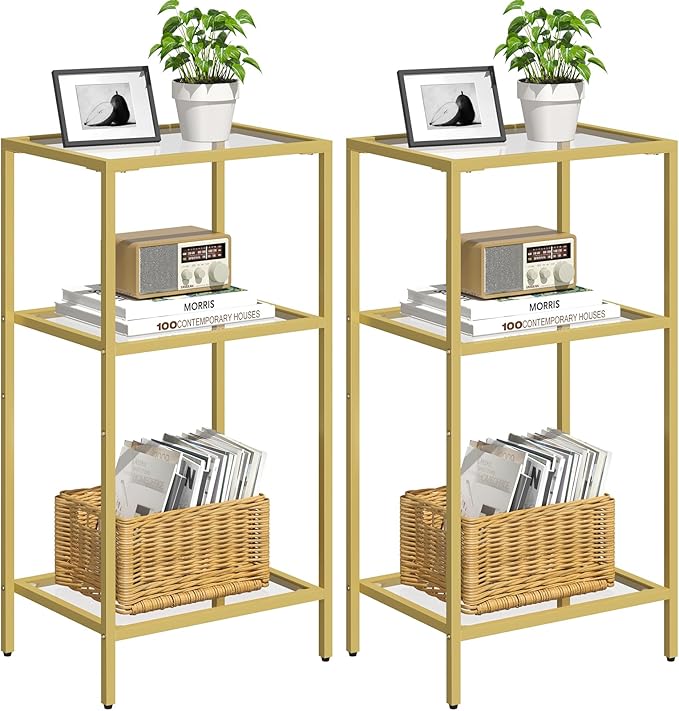 Side Tables Set of 2, Tempered Glass End Table with Metal Frame, 3-Tier Small Nightstands with Storage Shelves,Tall Table Stand for Home Decor, Living Room, Bedroom, Office, Gold（2 Pack）