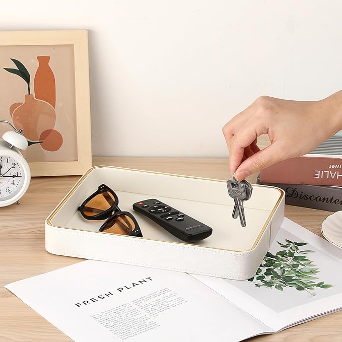 Key Holder for Entryway Table PU Leather Valet Decorative Tray Nightstand Storage Organizer Perfume Trinket Vanity Catchall Tray, 11.2" x 8.2" x 1.5"