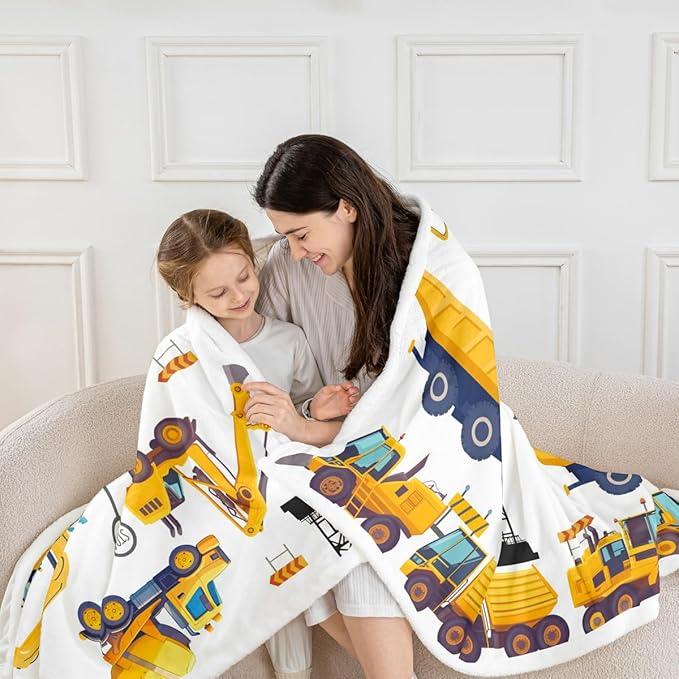 Erosebridal Construction Fleece Throw Blanket for Kids Boys Excavator Truck Blanket Throw Twin 60"X80" Cartoon Car Toddler Bed Blanket Soft Warm,Tractor Vehicle Sherpa Flannel Blanket Yellow Blue