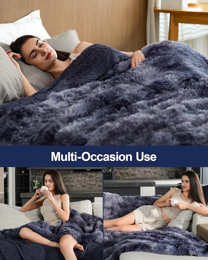 Pawque Faux Fur Sherpa Fleece Blanket Twin Size - Fluffy Warm Plush Blankets for Bed, Cozy Thick Lightweight Reversible Decor for Winter Sofa Couch, Tie-Dye Blue 60x80 inches