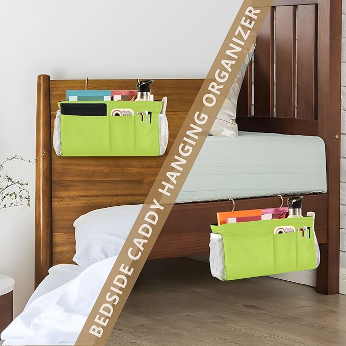 DOMIKING Neon Yellow Bedside Caddy for Dorm Bed Recliner Armrest Organizer with Hooks Haning Holders for Magazine Phone Tablet