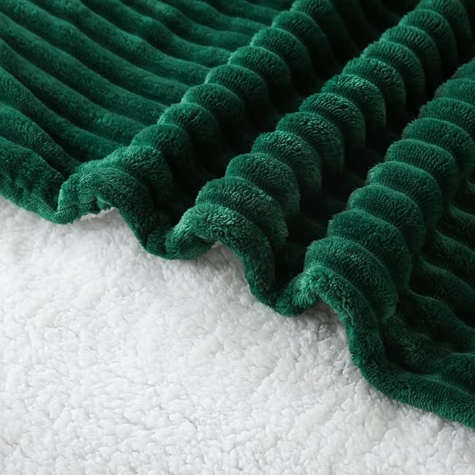 Green Sherpa Fleece Throw Blanket 108”×90” for Couch Sofa Bed,Super Soft Cozy Plush Double Side Thick Flannel Blanket with Striped Design Lightweight for Adults,Woman,Girls
