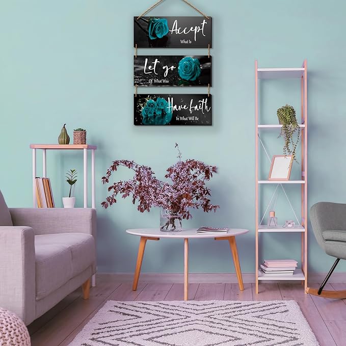 3 Pcs Wooden Teal Flower Wall Art - Teal Rose Wall Decor With Inspirational Quotes - For Women, Office, Living Room, Bedroom (10 x 4 Inch)