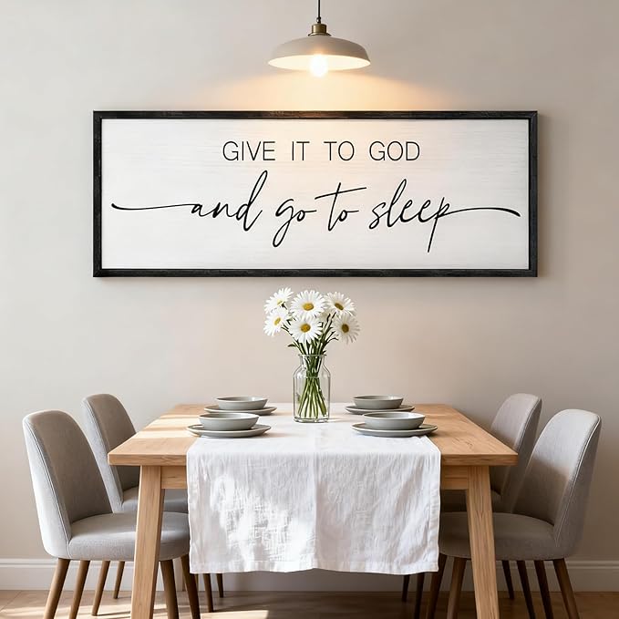 Give It to God and Go to Sleep Decorative Rustic Sign & Plaque Framed Wall Art for Couples, 40''×15'' Cottagecore Wooden Horizontal Wall Decor Above Bed, Vintage Farmhouse Wedding Gift for Bedroom