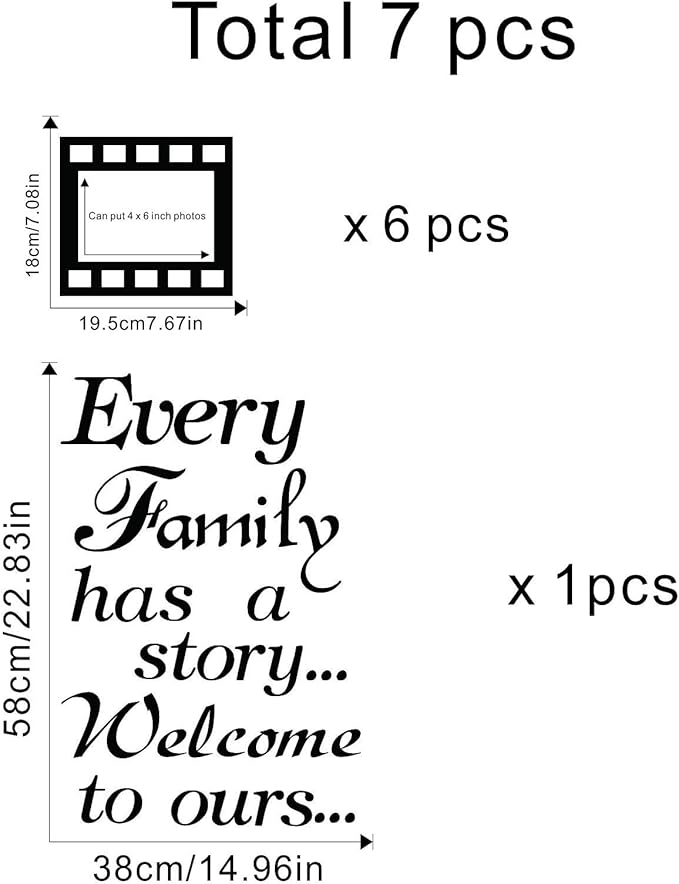 Every Family Has a Story,Family Wall Stickers Decor for Living Room,Contains 6 Pcs 4 x 6 Inch Picture Frame Inspirational Wall Decals Quotes
