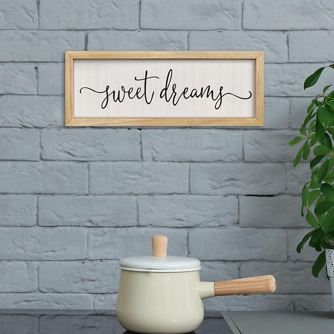 comurdyo Romantic Sweet Dreams Sign Above Over Bed Wall Decor 16"×6" Small for Modern Couples Master Bedroom Above Bed Minimalist Wood Framed Wall Art Plaque Decoration Hanging (Wood)