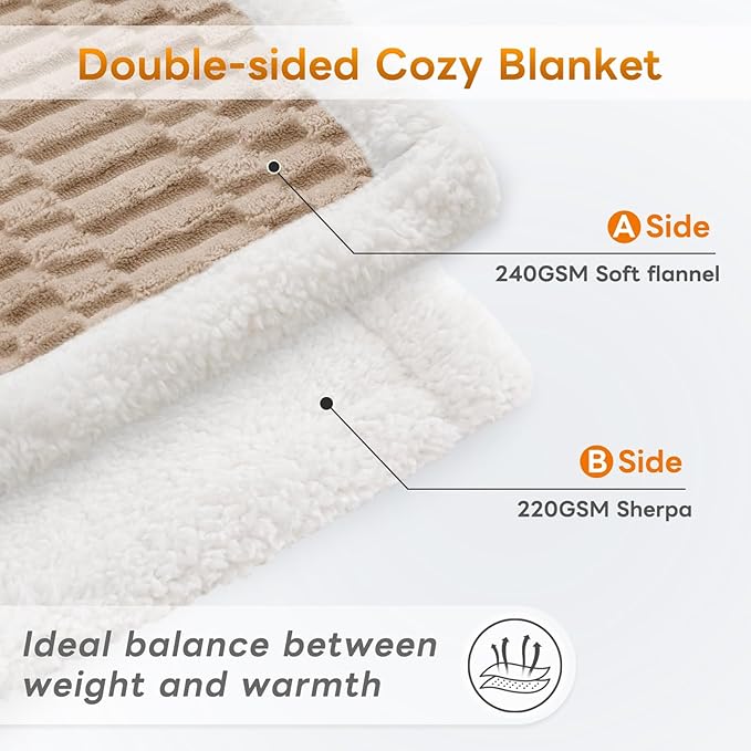 Sherpa Throw Blanket for Couch Flannel Cozy Soft Thick Blanket Warm Twin Blanket for Bed Fleece Home Decor Gifts, Z01 - Beige, 80"*90"