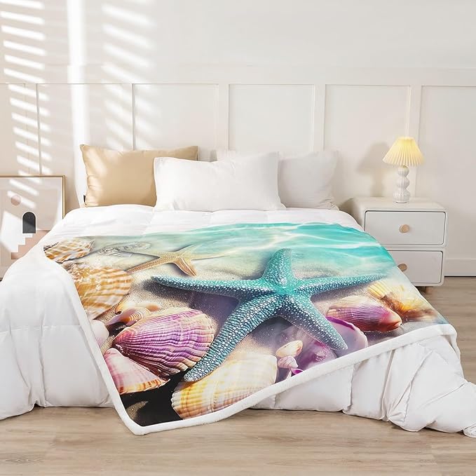 Erosebridal Ocean Beach Fleece Blanket Starfish Conch Shell Blanket Throw Teal Calm Sea Coastal Sherpa Blanket for Kids Girls Women Hawaiian Beach Holiday Fuzzy Blanket 40"x50" Purple Yellow