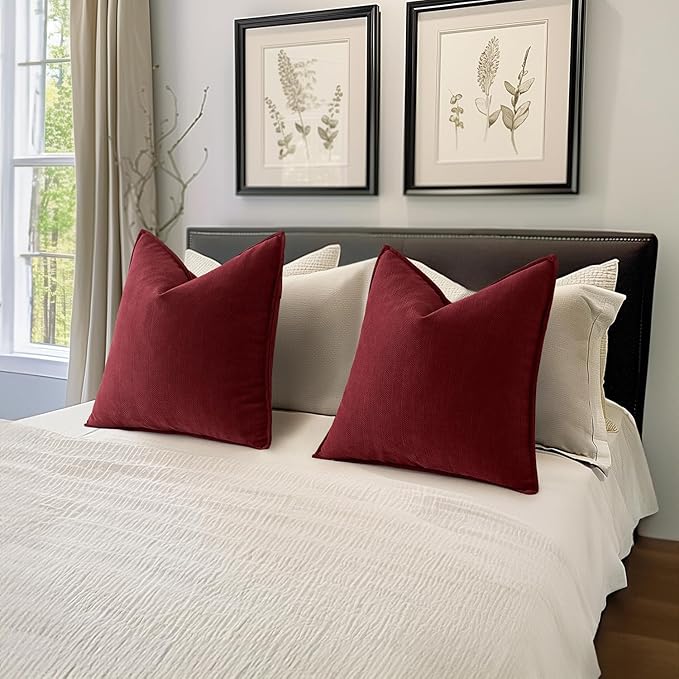 MIULEE Pack of 2 Burgundy Decorative Pillow Covers 16x16 Inch Soft Chenille Luxurious Couch Throw Pillows Farmhouse Cushion Covers with Elegant Design for Sofa Bedroom Living Room Decor