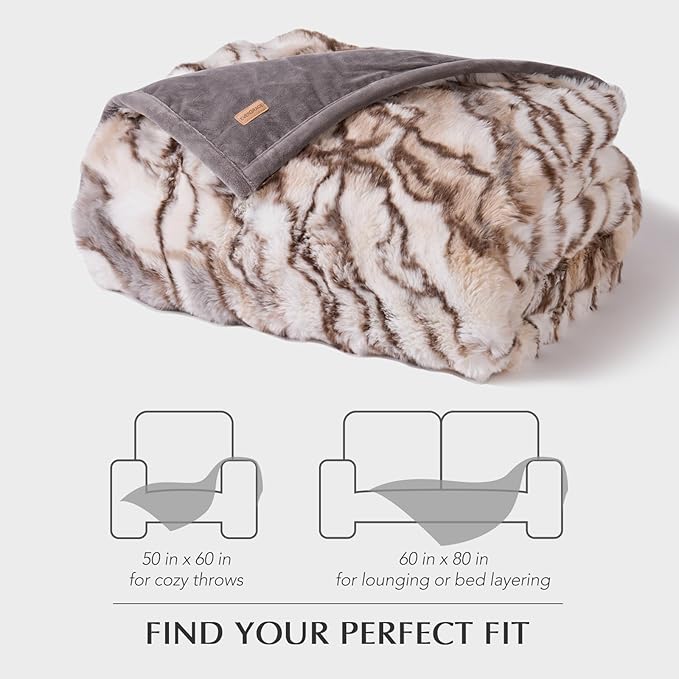 EverGrace Ultra Soft Luxury Fluffy Faux Rabbit Fur Throw Blanket, Thick Warm Bubble Throw for Bed, Cozy Plush Reversible Blankets for Couch, Chair, Sofa, Beige & Gray, 50x60 Inches