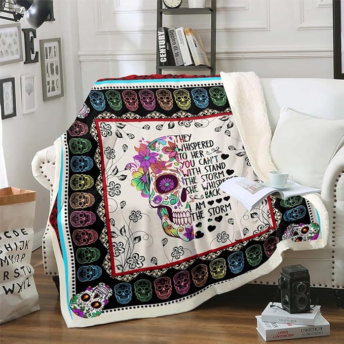 Flower Skull Plush Blanket Throw, Soft Bohemian Fleece Bed Blanket, Gothic Skeleton Sherpa Blanket for Girls Women, Floral Sugar Skull Pastoral Fuzzy Blanket, 40"x50" Bedroom Sofa Home Decor Boho