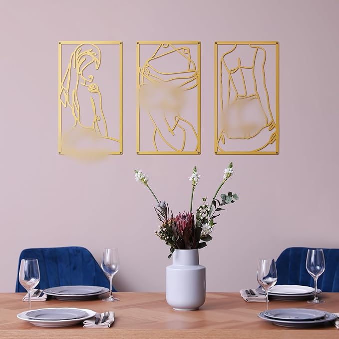 Peryiter 3 Pcs Modern Minimalist Wall Decor Abstract Metal Wall Art Metal Line Art Woman Body Artwork for Bedroom Bathroom Living Room(Gold)