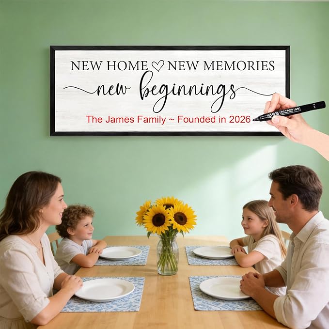 New Home, New Memories, New Beginnings Wall Decor Sign – 32x12 Inch Framed Wooden Sign with Writable Family Name & Year Space, Rustic Farmhouse Housewarming Gift for New Home, Entryway, Living Room, Black
