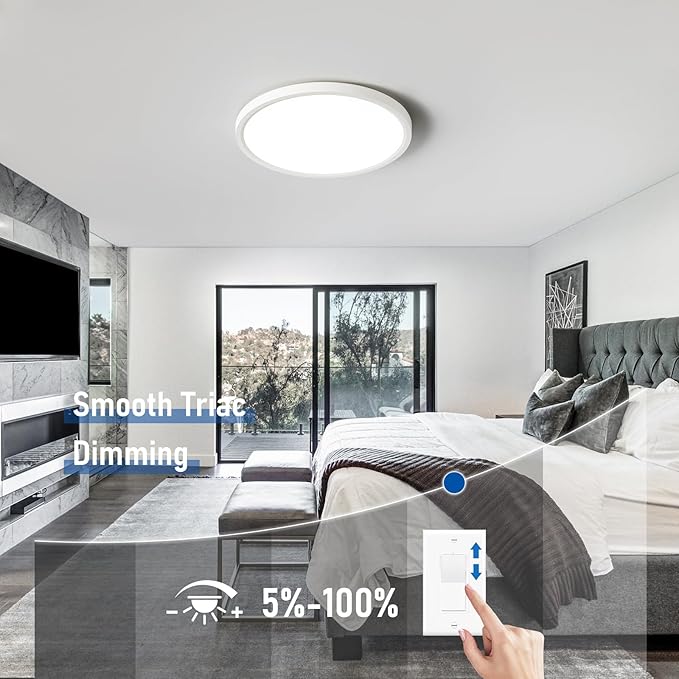 12 Inch Slim Dimmable LED Flush Mount Ceiling Light Fixtures, 24W 2640LM 3000K/4000K/5000K, House Upgrade Led Lights for Bedroom Hallway Laundry Room Rental Units, 240W Equiv., Black