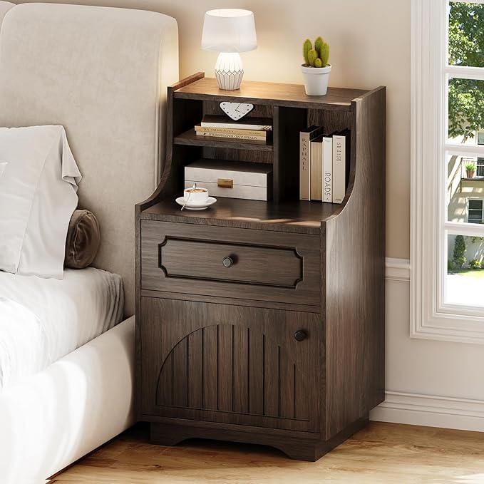 4ever2buy Farmhouse Night Stand with Storage Hutch for Bedroom Engineered Wood Bedside Table with Drawer 30.31 inch Tall Nightstand End Table Dark Oak