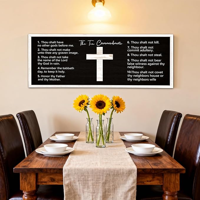 Ten Commandments Rustic Bible Verse Framed Wall Decor, 40" x 15", Religious Christian Slogan Representing a Prayer to God Jesus Christ, Vintage Horizontal Holy Inspirational Catholic Scripture Decor