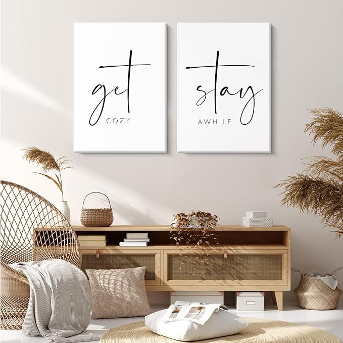 Pennclys Get Cozy Wall Art Decor Stay Awhile Sign Canvas Above Bed Wall Art Guest Bedroom Decor Lets Stay in Bed Pictures Modern Painting Artwork for Living Room Guest Room 16x24x2 Inch Ready to Hang