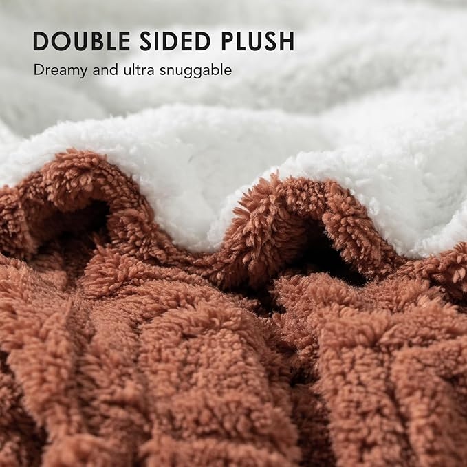 EverGrace Jacquard Boho Sherpa Fleece Throw Blanket for Couch, Super Soft Cozy Fuzzy Plush Blankets for All Seasons, Reversible Thick Warm Blanket for Bed, Sofa, Living Room, Terracotta, 60" x 80"