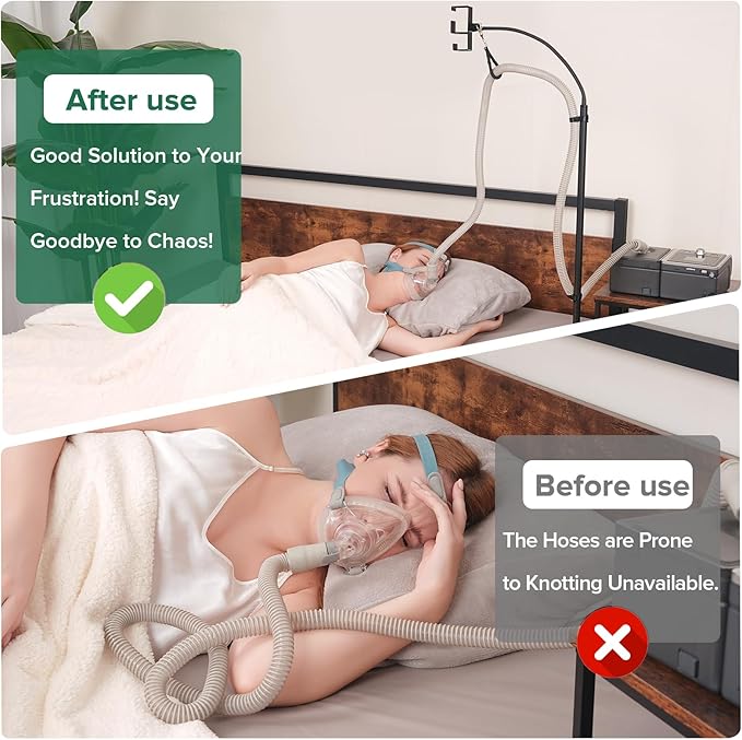 CPAP Hose Holder for Bedside -All-Metal Stand with Aluminum Hook |NoWall Drilling | Fits ResMed/Philips/AirSense Tubing | Helps Keep Hose Clean &Tangle-Free
