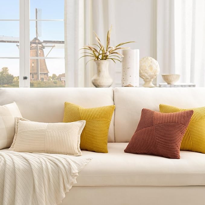 Topfinel Set of 2 Decorative Yellow Throw Pillow Covers 20x20 Inch for Couch Sofa Bed, Rustic Farmhouse Boho Home Decor, Soft Corduroy Windmill Textured Striped Patchwork Cushion Cases