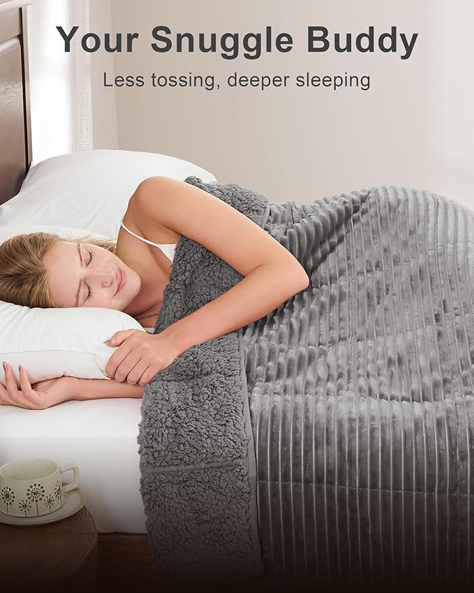 Sherpa Fleece Adult Weighted Blanket with Ribbed Stripes, 15 Pounds Dual Sided Soft Plush Blanket for Couch Bed Sofa, Heavy Thick Blankets with Ceramic Beads Great for Sleep, Grey, 48" x 72"