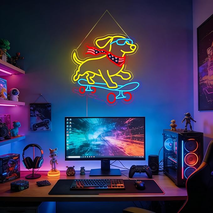 Dachshund Skateboarding Neon Sign, Skateboard Dog Neon Signs for Wall Decor Cool LED Wall Art Decor, Dimmable Dog Lover Gift for Living Room, Bar, Shop, or Birthday Party (Dachshund -Blue)