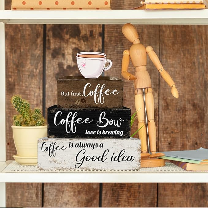 4 Pcs Wooden Coffee Table Decoration Rustic Tiered Tray Decor Retro Wood Block Sign Farmhouse Table Centerpiece for Home Kitchen Coffee Table Bookshelf Mantel Shelf Decor