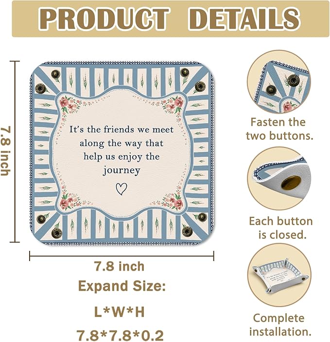 Friends Friendship Gifts for Women Leather Jewelry Valet Tray, BFF Bestie Gifts PU Leather Catchall Beside Caddy Nightstand Organizer Tray for Jewelry Rings Watches Keys, 7.8x7.8inch