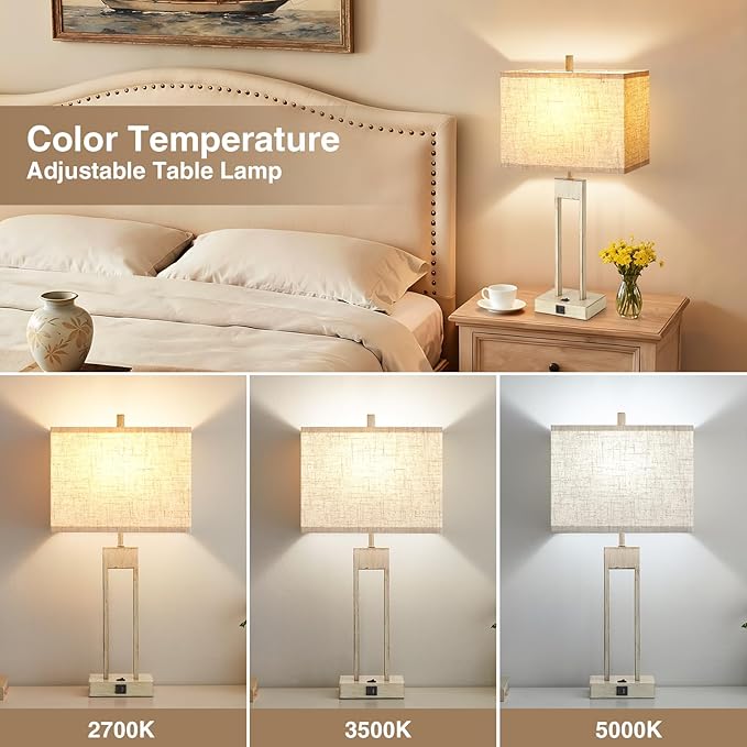 GyroVu Extra Large 25.5" Nightstand Table Lamps for Bedrooms Set of 2, Bedside Lamp with USB C+A, Colors Changeable Living Room Lamp, Modern Night Stand Lamps for Bed Side Reading, Antique White