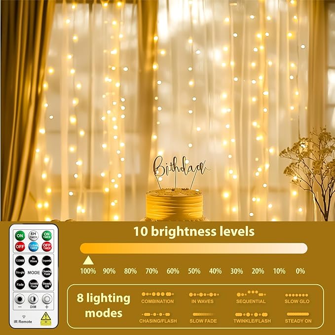 HXWEIYE 300LED Untangled Curtain Lights, 9.8x9.8Ft USB Fairy Twinkle String Lights with Remote and DIY Timer, 8 Modes Window Wall Hanging Light for Bedroom Dorm Backdrop Room Decor, Warm White
