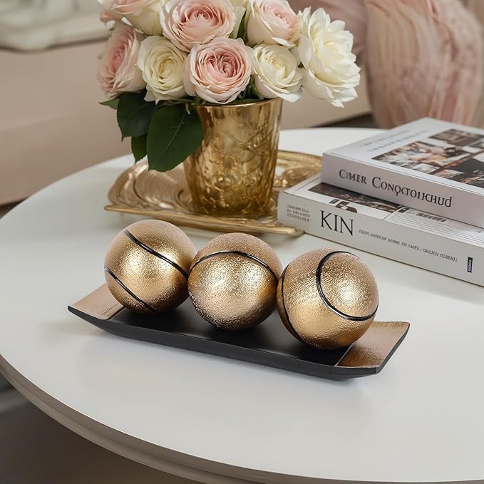 LCCCK Decorative Tray with Balls Set, Black Gold Decor Orbs TV Stand, Coffee Table Centerpiece, Elegant Orbs Decorative Balls for Dining Kitchen Console Fireplace Decor Centro De Mesa De Comedor