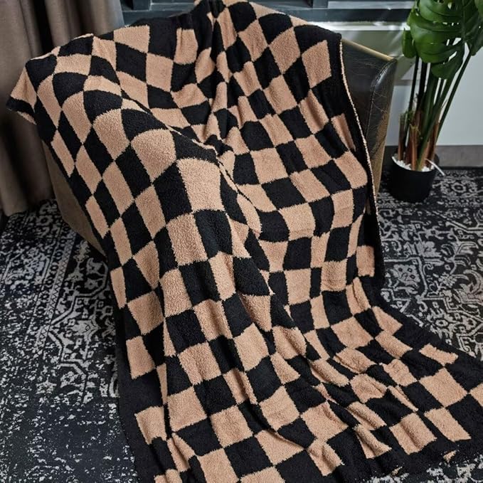 Soft Checkered Throw Blanket, Ultra Cozy Knit Throw Blanket Fluffy Fuzzy Reversible Checkerboard Blanket for Travel Couch Sofa Bed Decor, 51x63 inches, Black Brown