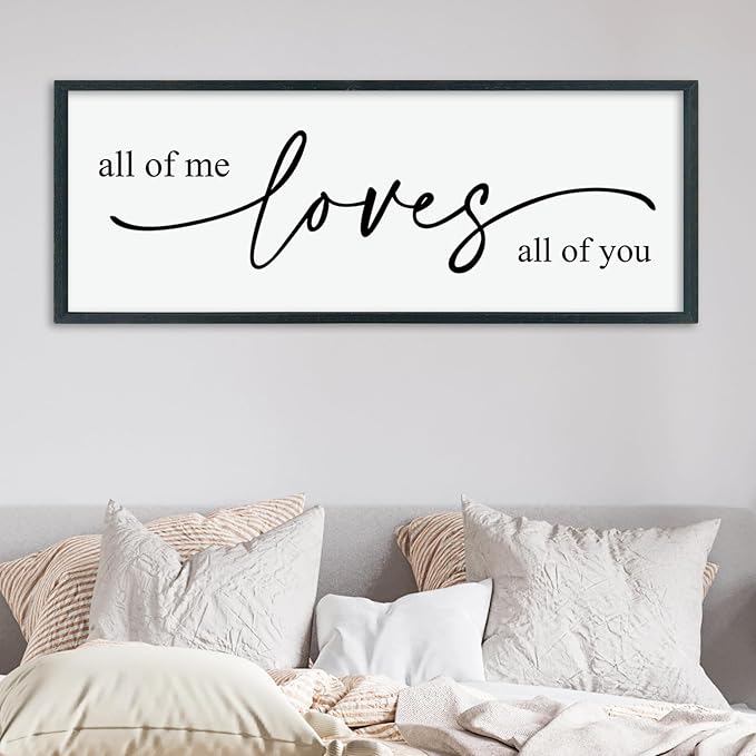 LuZhiQiang All Of Me Loves All Of You Wall Decor Art 40"×15" Master Bedroom Above Over Bed Sign Romantic Minimalist Love Quotes for Couples Large Framed Wooden Wall Hanging (Black)