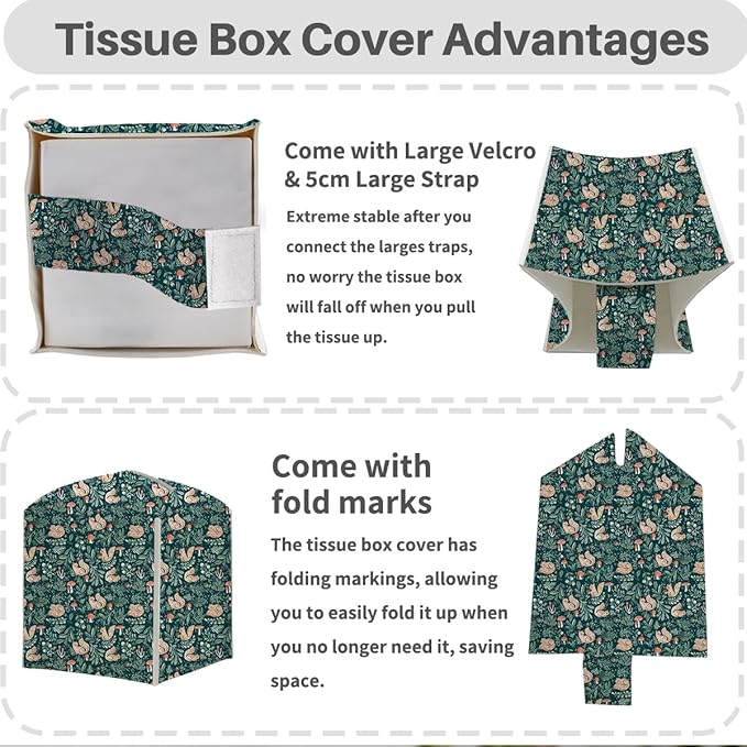 Tissue Box Cover, Tissue Box Holder, Square with Belt Bottom, PU Leather Decorative Organizer for Desk, Tabletop, Countertop Bathroom, Toilet Car, Office Dresser Kitchen, Squirrel Plant Mushroom Decor