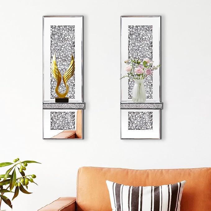 Crystal Crushed Diamond Mirrored Candle Sconces Set of 2 Silver Glass Wall Candle Holder Bling Wall Decorations for Home Decor Living Room Dining Room Bedroom