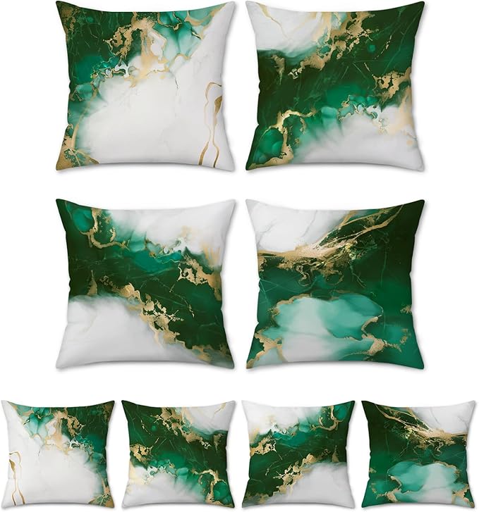 Bonhause Emerald Green Marble Throw Pillow Covers 18 x 18 Inch Both Sides Green and Gold Modern Abstract Decorative Pillows Soft Velvet Cushion Cases for Couch Sofa Bed Home Decor Set of 4