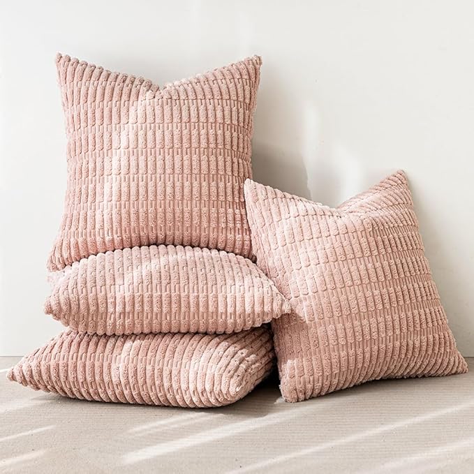 MIULEE Pack of 4 Pink Valentines Corduroy Decorative Spring Throw Pillow Covers 18x18 Inch Soft Boho Striped Pillow Covers Modern Farmhouse Home Decor for Sofa Living Room Couch Bed