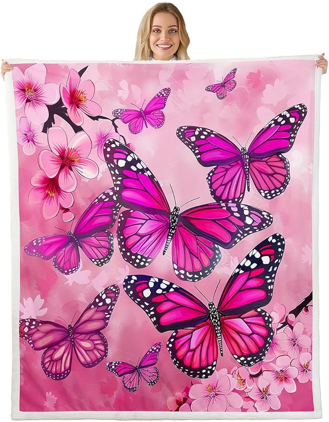 Purple Butterfly Throw Blanket - Pink Floral Sherpa Spring Cherry Blossom Fleece for Kids Girls Women - Fairy Fantasy Garden Theme Fuzzy Bedroom Sofa Decor - Twin 60"x80"