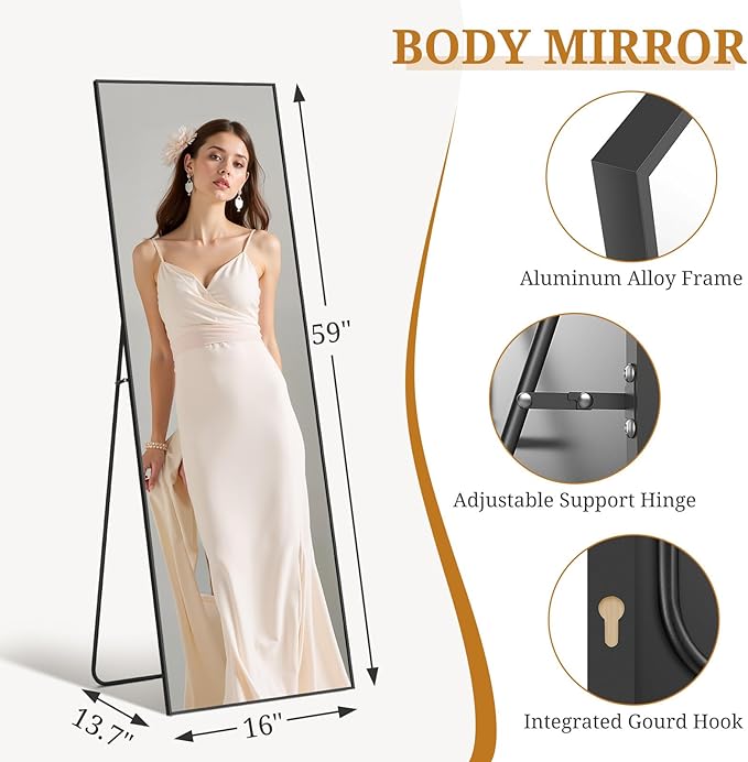 Full Length Mirror 59"x16" Full Body Mirror Rectangle Free Standing Wall Mounted Leaning Floor Mirrors with Stand Aluminum Alloy Frame for Bedroom Cloakroom, Black