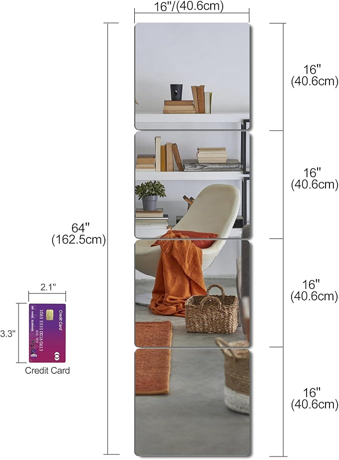 Full Length Mirror for Kids Safety Shatterproof Mirror, Plastic Wall Mirrors,Made of Acrylic Plexiglass Mirrors,（X Large 16"x 16"x 4 Pcs) Long Bedroom Door Closet Mirro,Workout for Home Gym Body Mirro