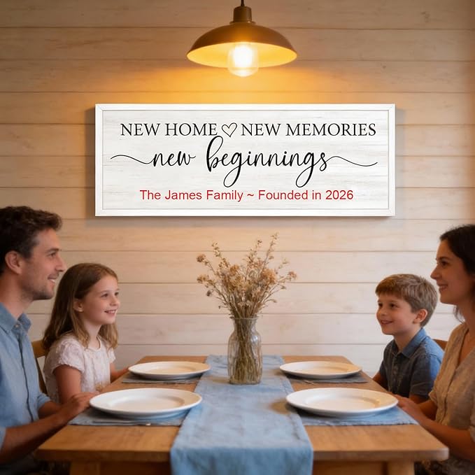 New Home, New Memories, New Beginnings Wall Decor Sign – 32x12 Inch Framed Wooden Sign with Writable Family Name & Year Space, Rustic Farmhouse Housewarming Gift for New Home, Entryway, Living Room, White