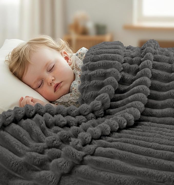 Utopia Bedding Grey Striped Fleece Blanket Queen Size Fluffy, Warm & Lightweight Ribbed Throw for Bed, Sofa & Chair - Soft Cozy Blanket for Home Decor & Gifting (90x90 Inches)