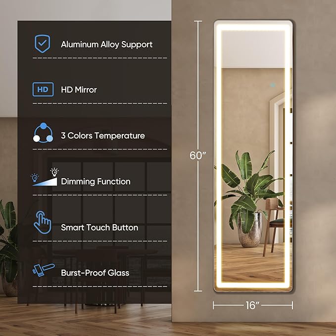DUMOS 16"×59" Full Length Mirror with Light, LED Floor Full Body Mirror with 3 Color Lighting, Wall Mounted Stand Mirror for Bedroom, Dressing Room, Living Room, Bathroom
