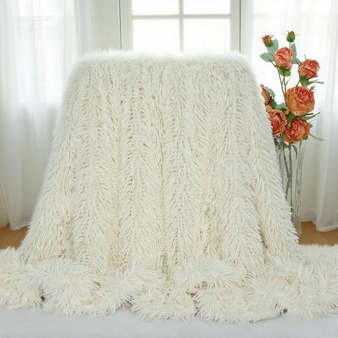 Plush Super Soft Blanket Bedding Sofa Cover Furry Fuzzy Fur Warm Throw Qulit Cozy Couch Blanket for Winter (51"x63", Cream)