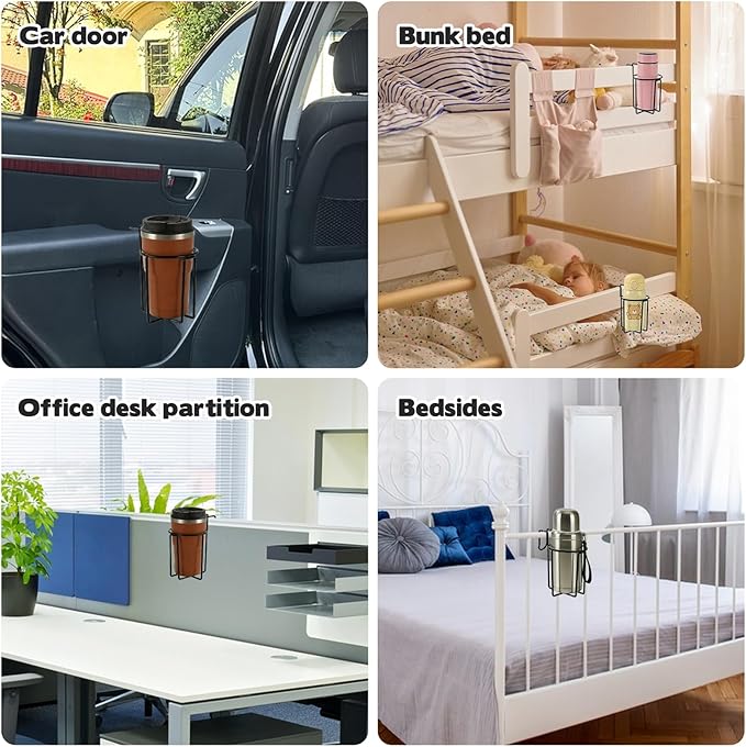 2 Pcs Cup Holder for Bed, 3.3" Diameter Metal Bedside Drink Holder Water Bottle Organizer for Car Dormitory Bunk Bed Office Desk Partition, Black