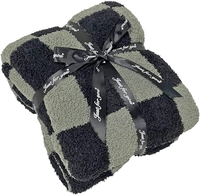 Soft Checkered Throw Blanket, Ultra Cozy Knit Throw Blanket Fluffy Fuzzy Reversible Checkerboard Blanket for Travel Couch Sofa Bed Decor, 51x63 inches, Black Grey